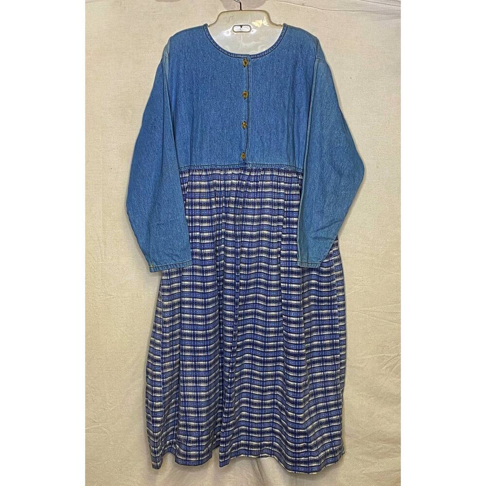 Bill Blass Maxi Dress Denim Plaid Skirt Sz 12 Long Sleeve Modest 1980s 1990s